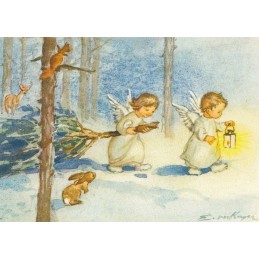 Two Angels going through the forrest - Christmas Postcard
