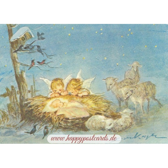 Two Angels looking at the child in the manger - Christmas Postcard
