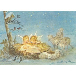 Two Angels looking at the child in the manger - Christmas Postcard