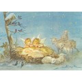 Two Angels looking at the child in the manger - Christmas Postcard