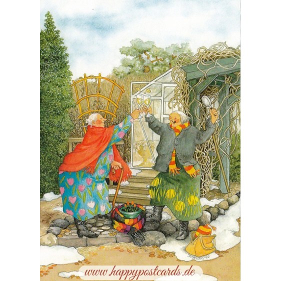 84 - Old Ladies celebrating first flowers in the garden - Löök Postcard