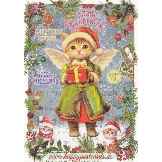 Merry Christmas - Cat with present - Tausendschön - Postcard