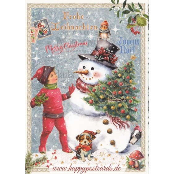Merry Christmas - Child with Snowman - Tausendschön - Postcard