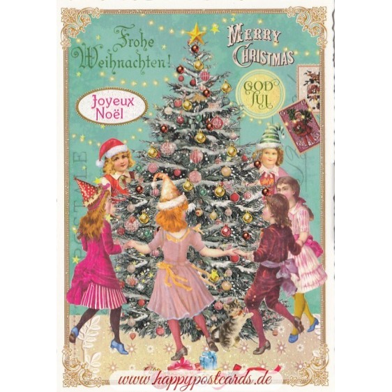 Frohe Weihnachten - Kinder tanzen um Weihnachtsbaum - Tausendschön - Weihnachtskarte