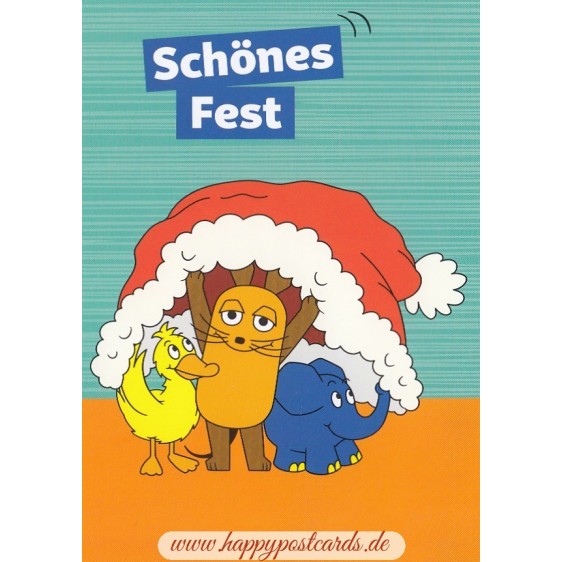 Schönes Fest - Mouse, duck and elephant under Santa hat - Mouse - Christmas Postcard