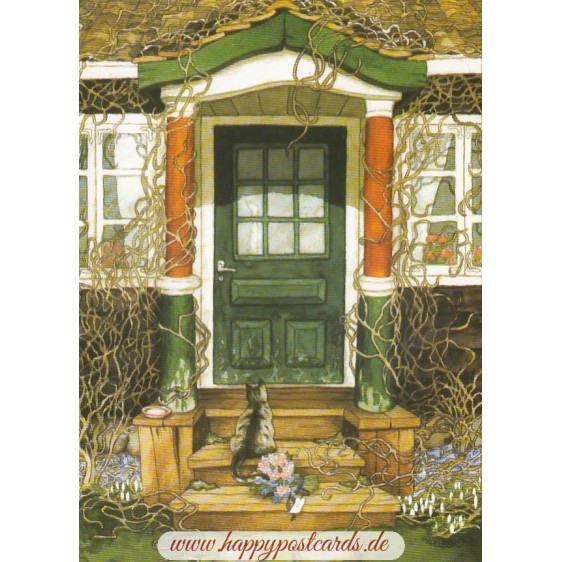 101 - Cat with flowers in front of door - Löök Postcard