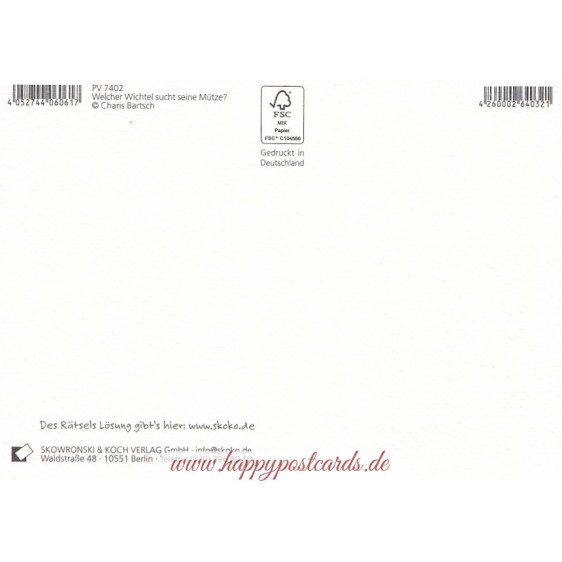Wo sind die zwei Geschenke versteckt und welcher Wichtel sucht seine Mütze? - Christmas Postcard