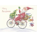 Merry Christmas - Santa on a bicycle with Gifts - Christmas Postcard