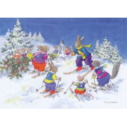 Bunnies skiing - Christmas - Postcard