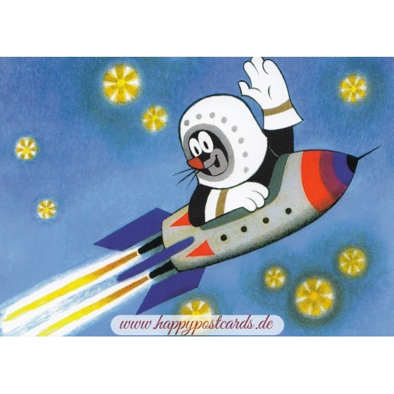 Mole flying a rocket - Mole Postcard