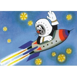 Der kleine Maulwurf fliegt in einer Rakete  -  Maulwurf Postkarte