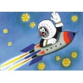 Mole flying a rocket - Mole Postcard