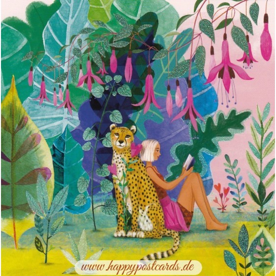 Lesende Frau mit Gepard - Mila Marquis Postkarte