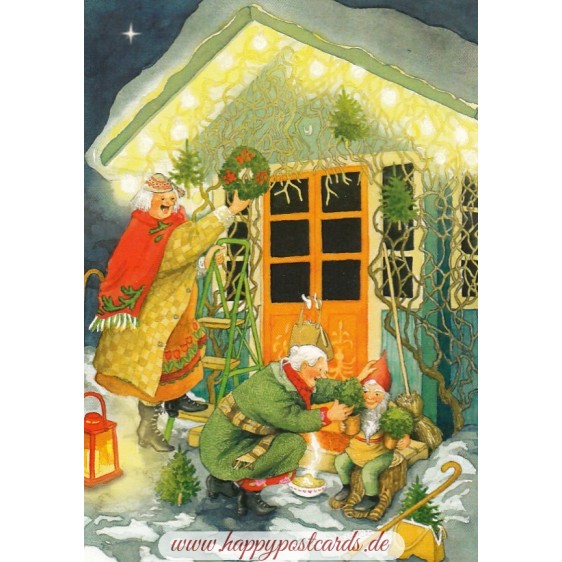 86 - Old Ladies and gnomes decorating for Christmas - Postcard