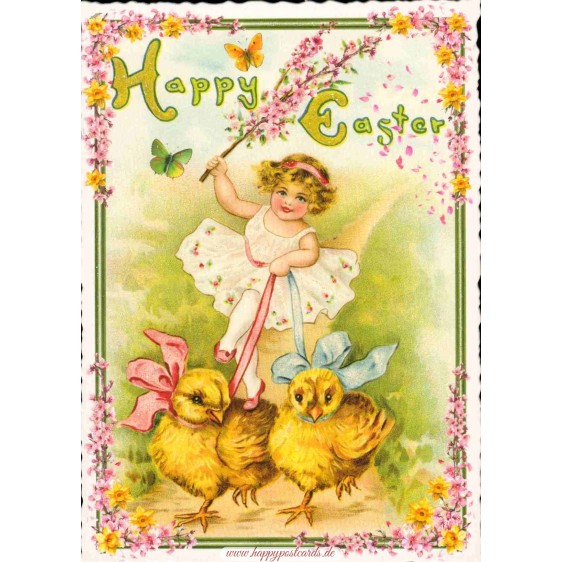Happy Easter - Mädchen mit Küken - Tausendschön - Osterkarte