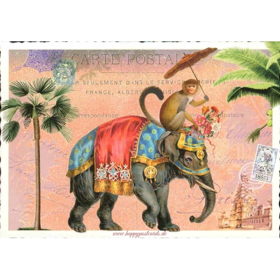 Monkey on elephant - Tausendschön - Postcard