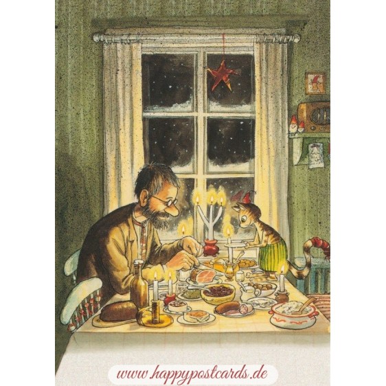 Pettersson eating with Findus - Postcard