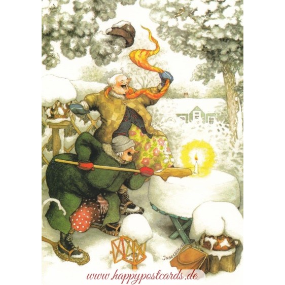 33 - Old Ladies and Candle in Snow - postcard